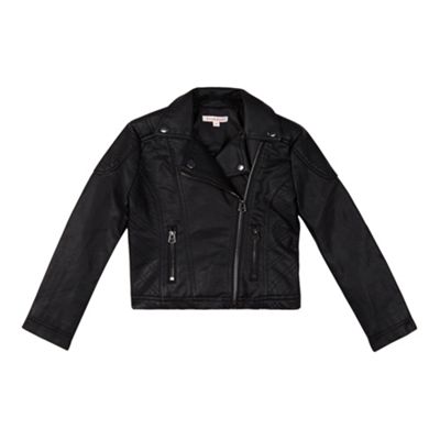 Girl's black leatherette asymmetric biker jacket